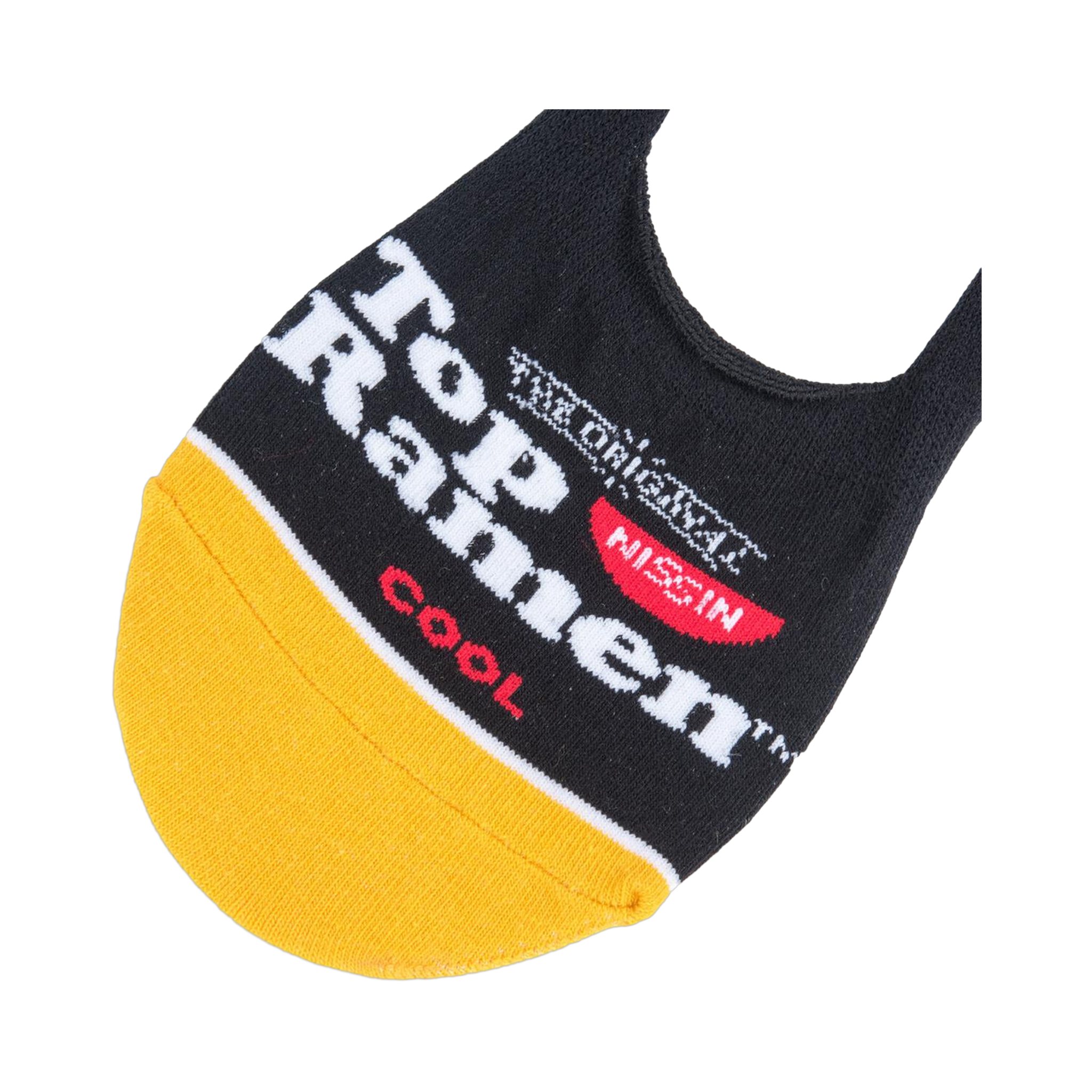 Close-up of the heel of a black and gold Top Ramen no-show sock, showcasing the logo and detail.