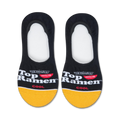 Pair of black and gold no-show socks with the Top Ramen logo.  The socks have a yellow band at the bottom.