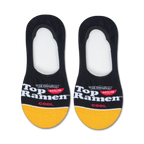 Pair of black and gold no-show socks with the Top Ramen logo.  The socks have a yellow band at the bottom.