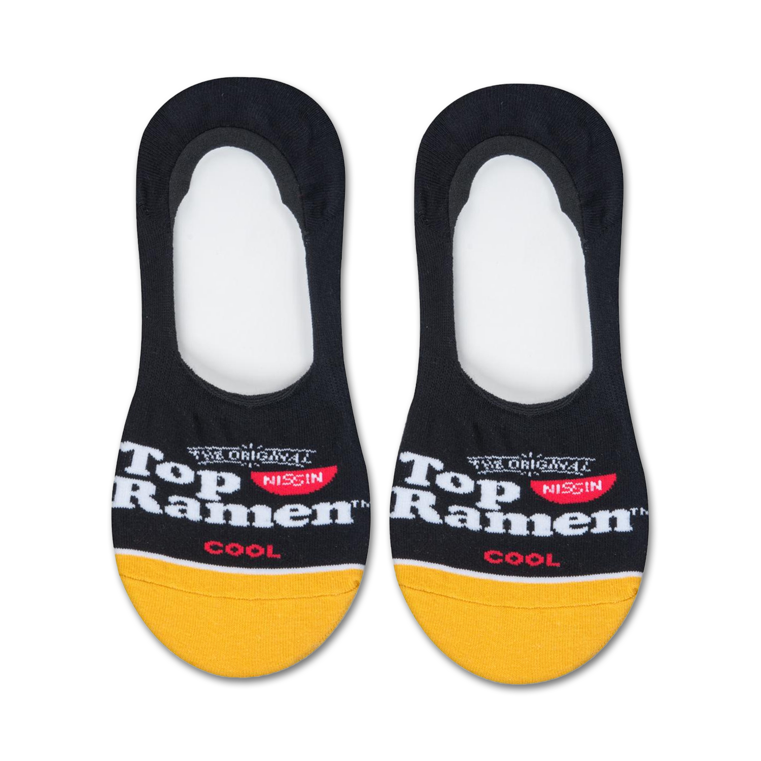 Pair of black and gold no-show socks with the Top Ramen logo.  The socks have a yellow band at the bottom.