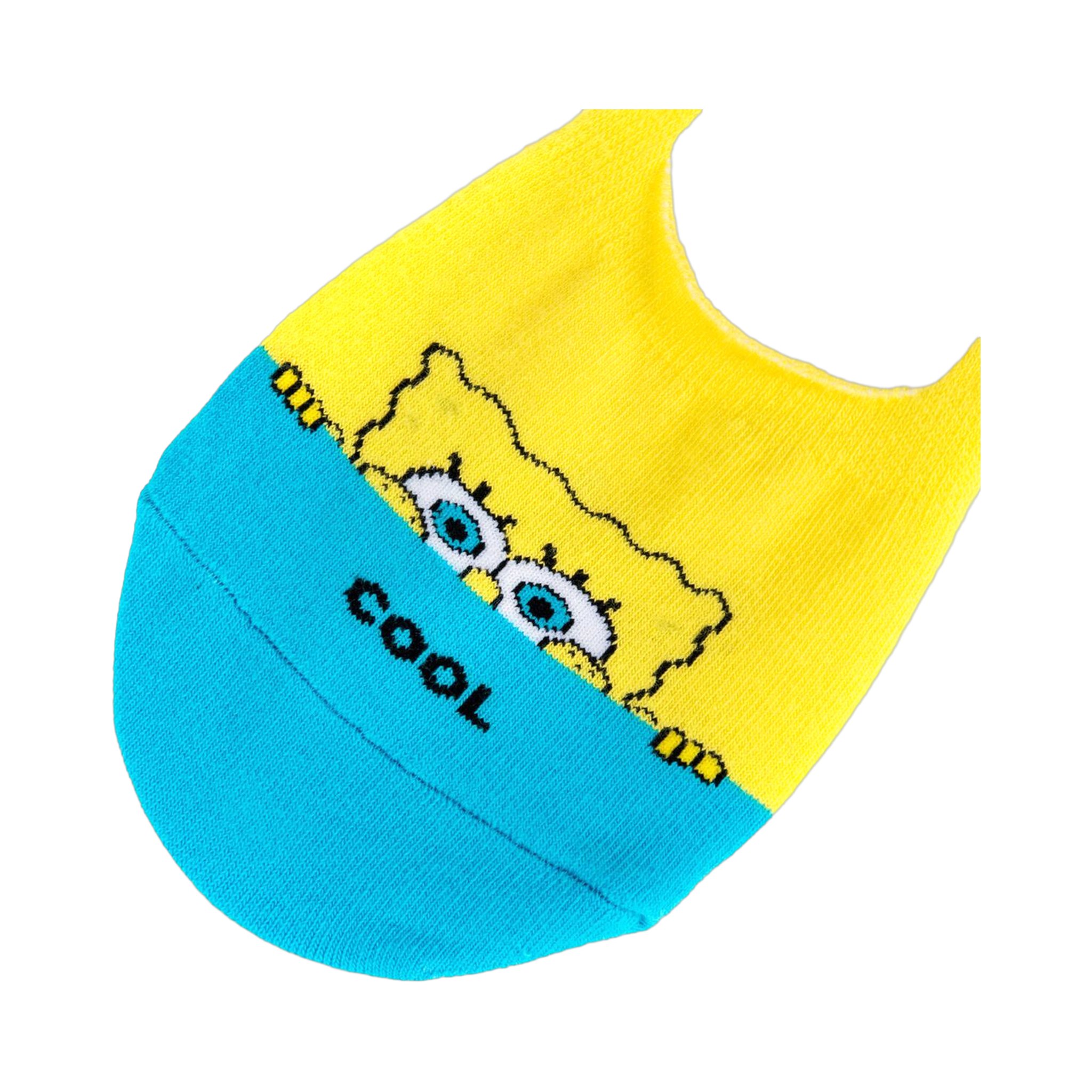 Close-up of a single Spongebob no-show sock, showcasing the detailed SpongeBob print and 'cool' text.