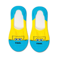 Pair of yellow and teal no-show socks with a Spongebob Squarepants design peeking from the yellow section. The word 'cool' is printed on the teal section.