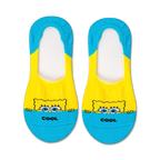 Pair of yellow and teal no-show socks with a Spongebob Squarepants design peeking from the yellow section. The word 'cool' is printed on the teal section.
