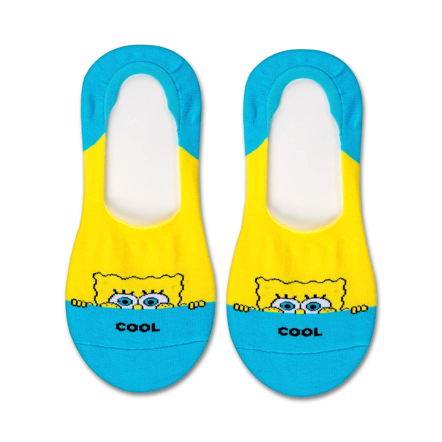 Pair of yellow and teal no-show socks with a Spongebob Squarepants design peeking from the yellow section. The word 'cool' is printed on the teal section.