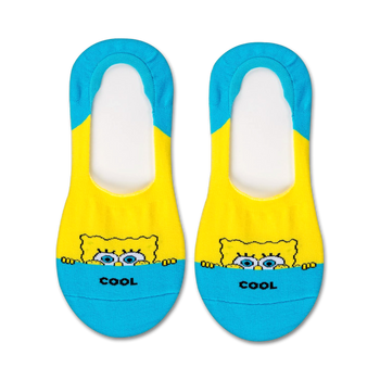 yellow liner socks with blue heel and toe feature spongebob squarepants peeking over a blue background with the word "cool".  