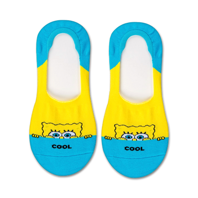 yellow liner socks with blue heel and toe feature spongebob squarepants peeking over a blue background with the word "cool".  