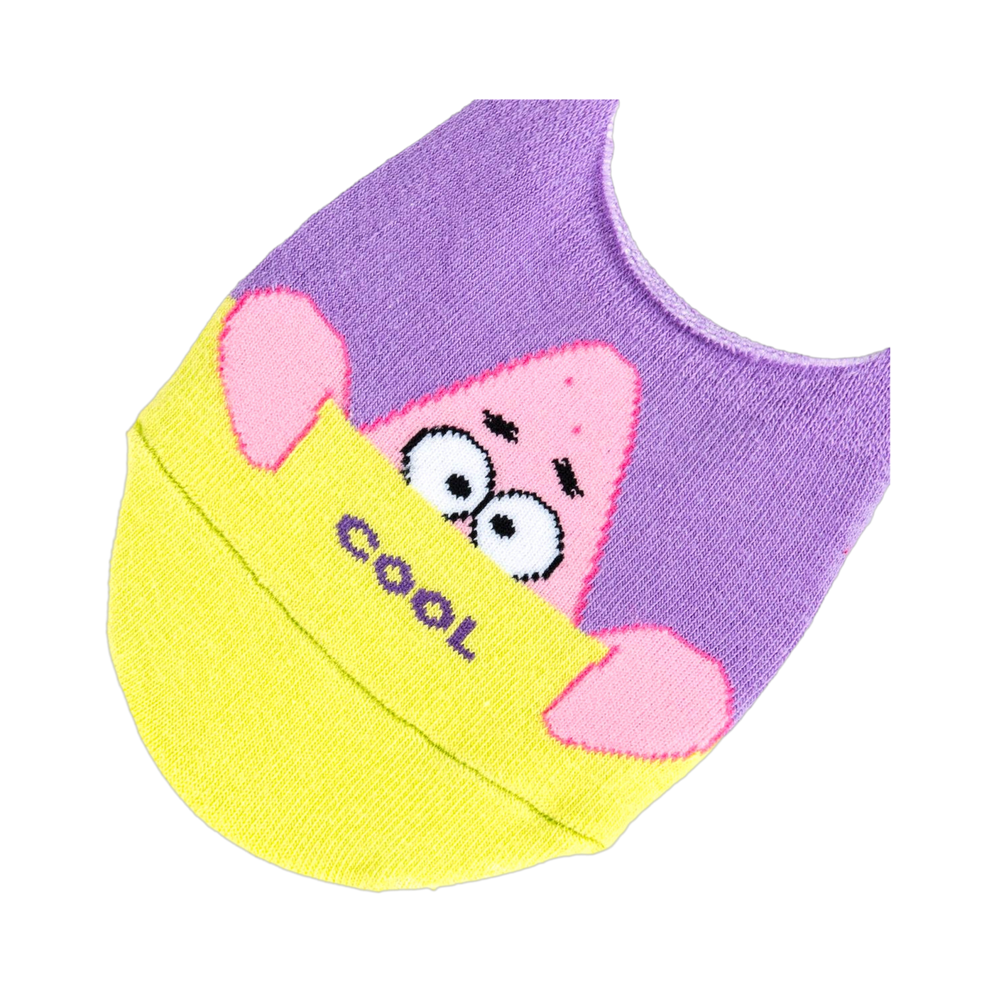 Close-up of a Spongebob Patrick no-show sock showing detail of Patrick's face and the yellow 'COOL' banner.
