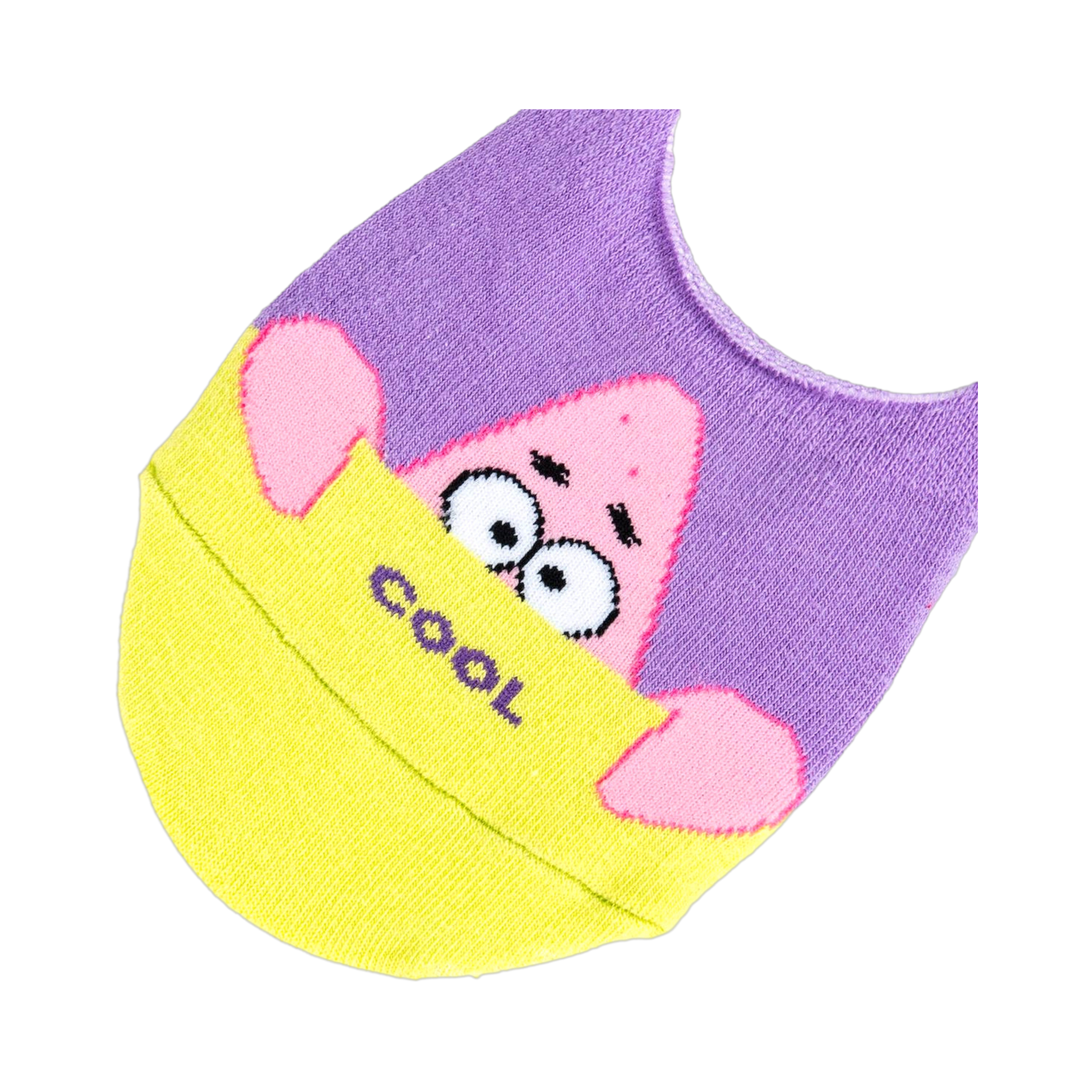 Close-up of a Spongebob Patrick no-show sock showing detail of Patrick's face and the yellow 'COOL' banner.