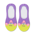 Pair of purple and yellow no-show socks featuring Patrick Star from Spongebob, peeking over a yellow banner that says 'COOL'.