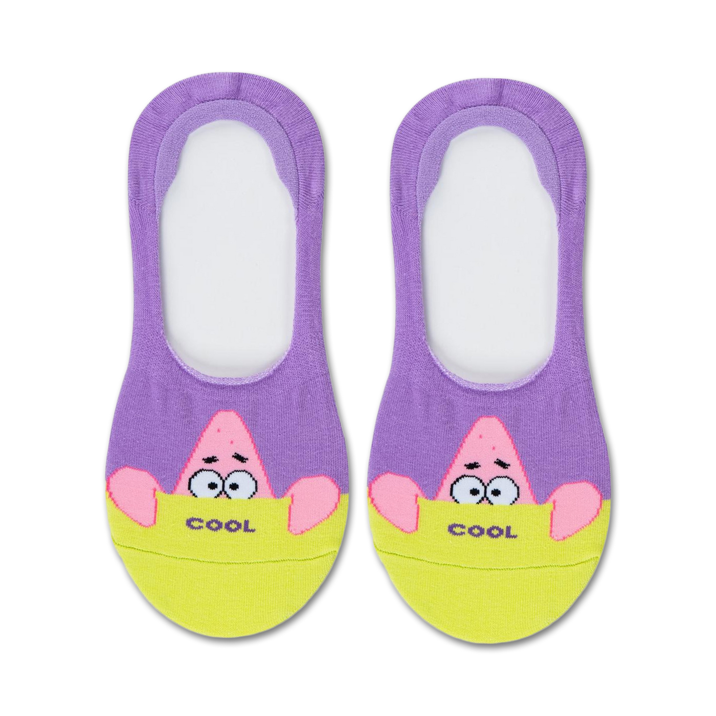 Pair of purple and yellow no-show socks featuring Patrick Star from Spongebob, peeking over a yellow banner that says 'COOL'.