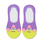 Pair of purple and yellow no-show socks featuring Patrick Star from Spongebob, peeking over a yellow banner that says 'COOL'.