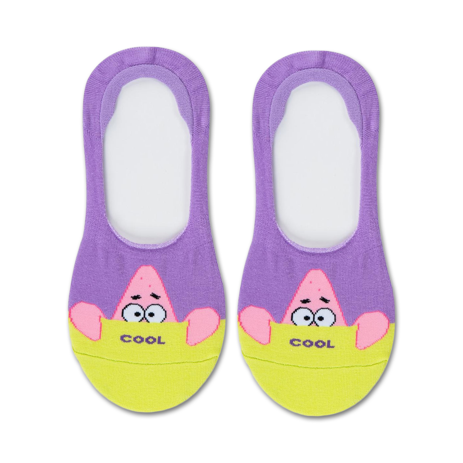 Pair of purple and yellow no-show socks featuring Patrick Star from Spongebob, peeking over a yellow banner that says 'COOL'.
