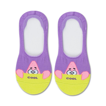 purple crew socks feature cartoon character patrick star with "cool" text.  