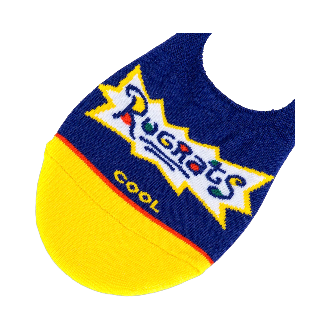 Close-up of a single blue and yellow Rugrats no-show sock, highlighting the 'Rugrats' logo and 'COOL' text.