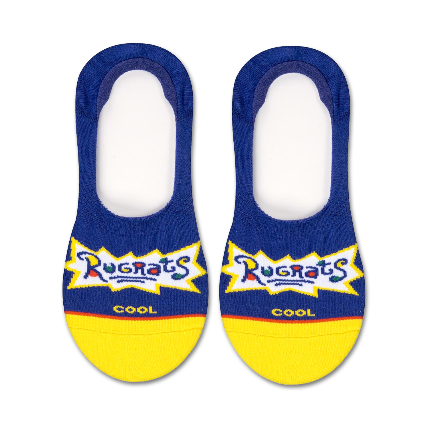 Pair of blue and yellow Rugrats no-show socks.  The socks feature the Rugrats logo and 'COOL' text.