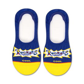 blue liner socks with yellow toes and heels featuring the rugrats logo and the word "cool."   
