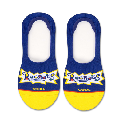 blue liner socks with yellow toes and heels featuring the rugrats logo and the word "cool."   