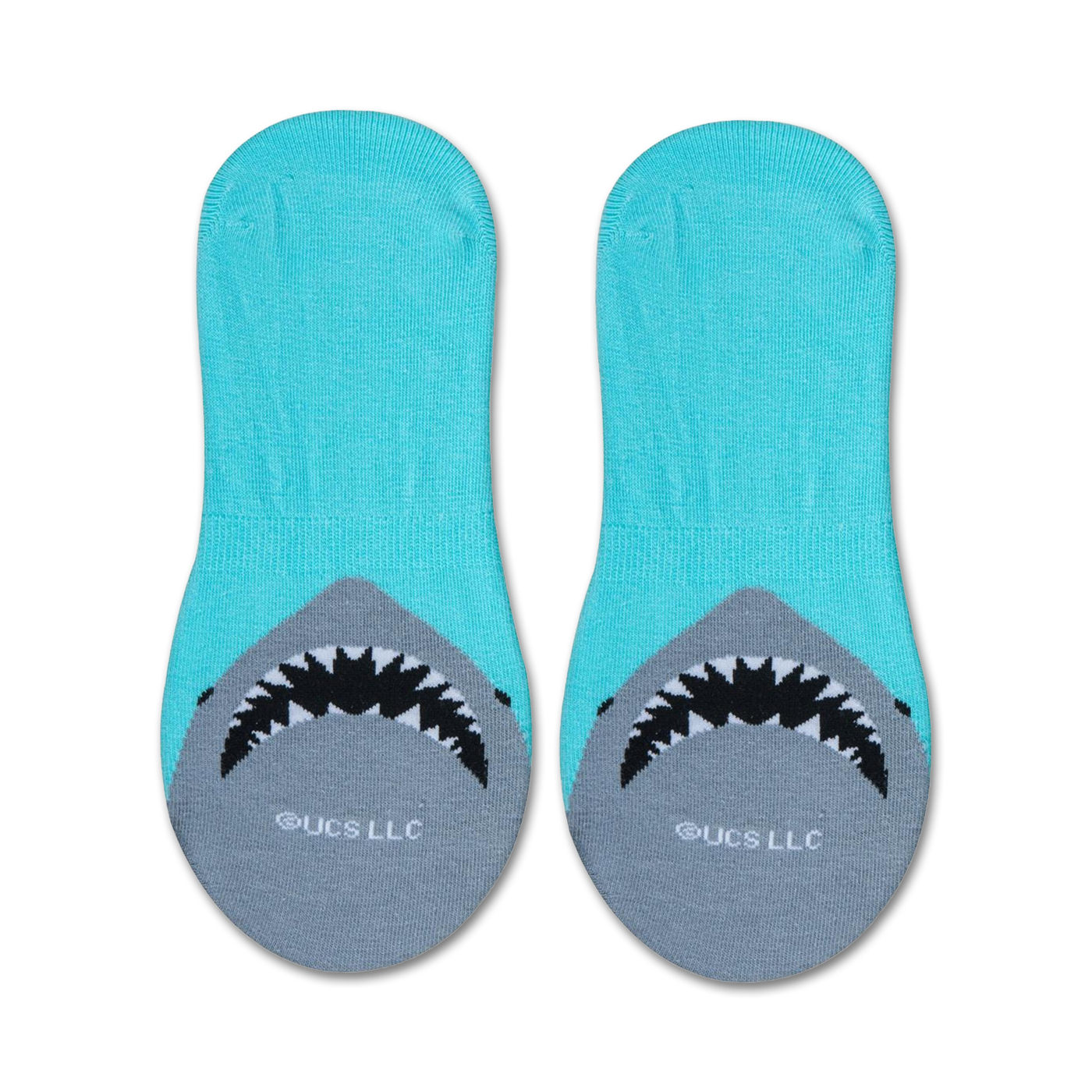 Close-up shot of a single 'Jaws' no-show sock, showcasing the shark's mouth graphic on the heel.