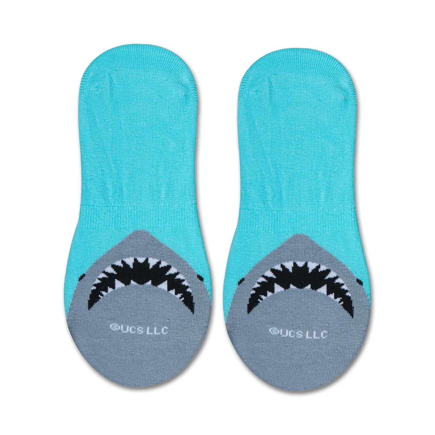 Close-up shot of a single 'Jaws' no-show sock, showcasing the shark's mouth graphic on the heel.