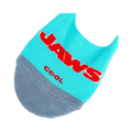 Lifestyle product shot showing a pair of 'Jaws' no-show socks laid flat, displaying both the logo and shark designs.