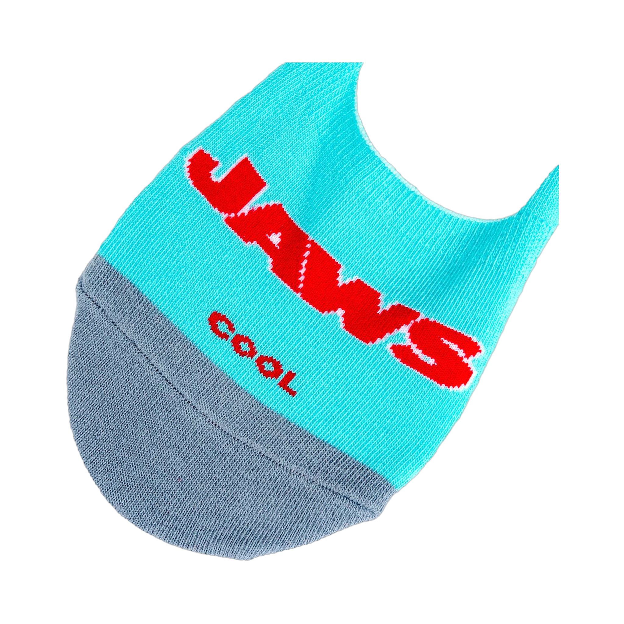 Lifestyle product shot showing a pair of 'Jaws' no-show socks laid flat, displaying both the logo and shark designs.