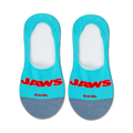 Pair of teal and gray no-show socks with a red 'Jaws' logo and a shark graphic on the heel. 