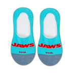 Pair of teal and gray no-show socks with a red 'Jaws' logo and a shark graphic on the heel. 