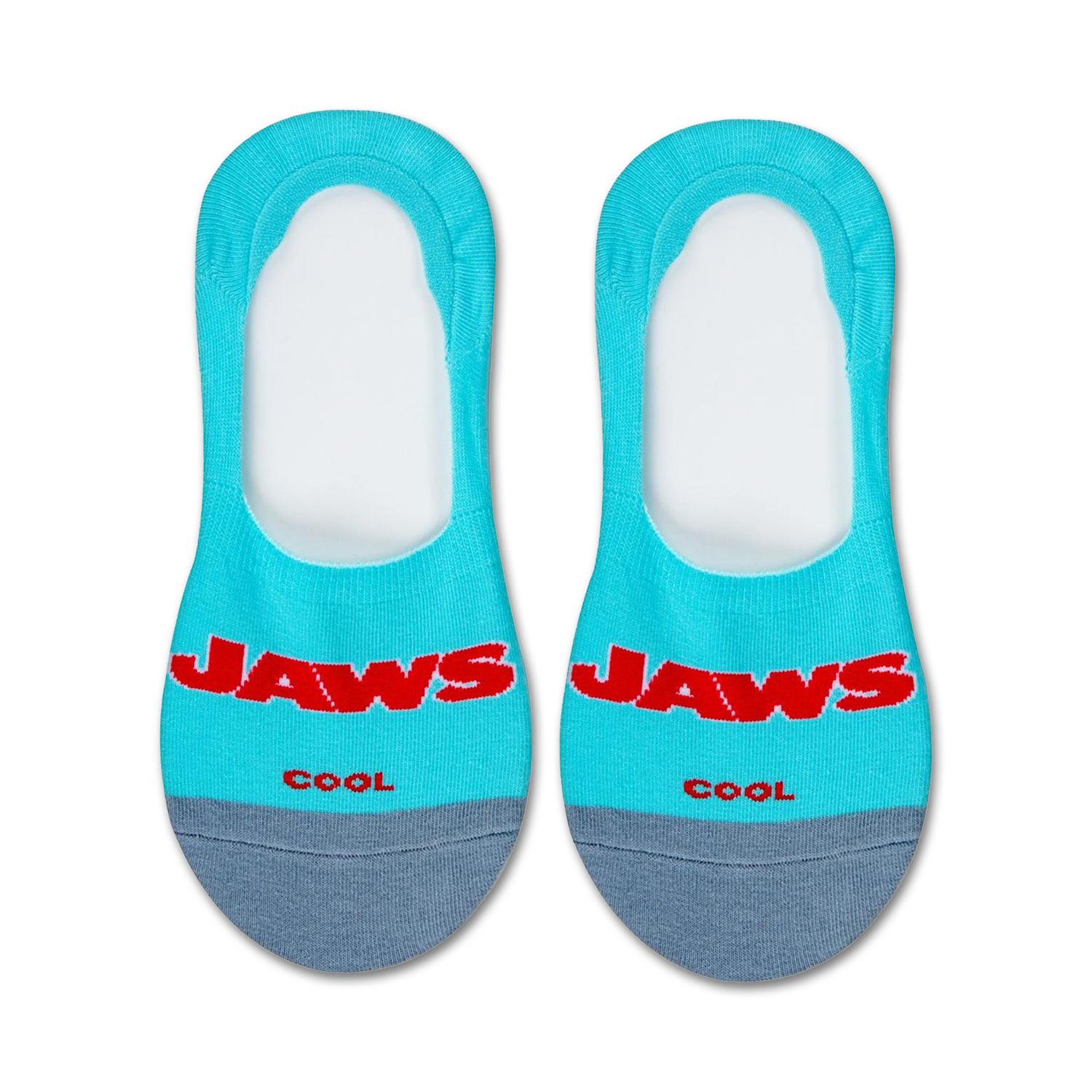Pair of teal and gray no-show socks with a red 'Jaws' logo and a shark graphic on the heel. 