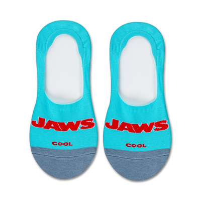 blue liner socks featuring iconic jaws logo in red, with the word "cool" embroidered below. gray toes and heels.  