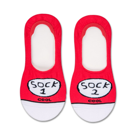 "sock 1 sock 2" red crew socks with white toes, heels and speech bubbles featuring "sock 1" and "sock 2" in white and "cool" in black; cat in the hat theme; women's   