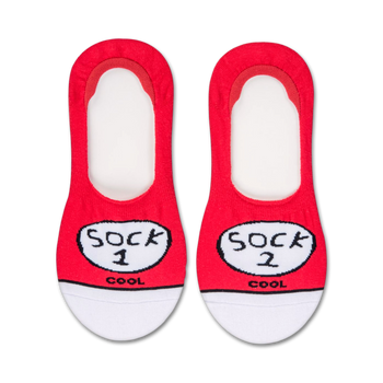 "sock 1 sock 2" red crew socks with white toes, heels and speech bubbles featuring "sock 1" and "sock 2" in white and "cool" in black; cat in the hat theme; women's   