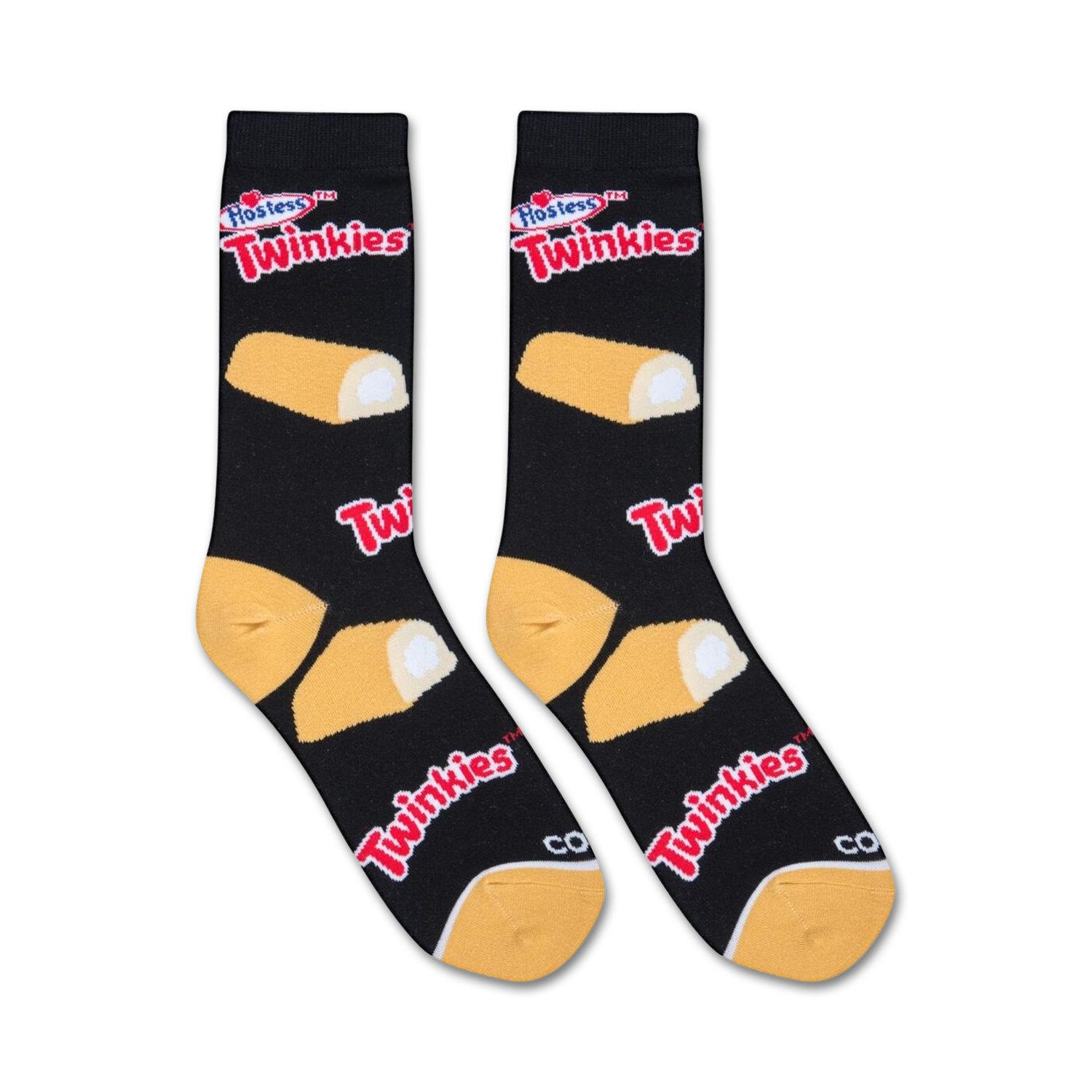 Lifestyle shot of Twinkies socks on a person's feet, showing off the fun design.