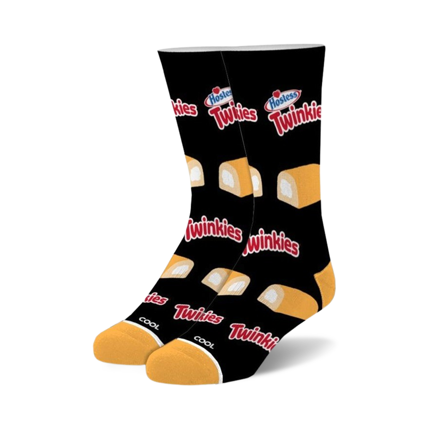 Pair of black crew socks with a repeating pattern of Hostess Twinkies; yellow sponge cakes with white cream filling.