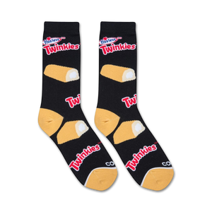 A black sock with a Hostess Twinkie pattern. The pattern features a yellow Twinkie on the lower left side of the sock and a red and white Hostess Twinkies logo on the upper right.