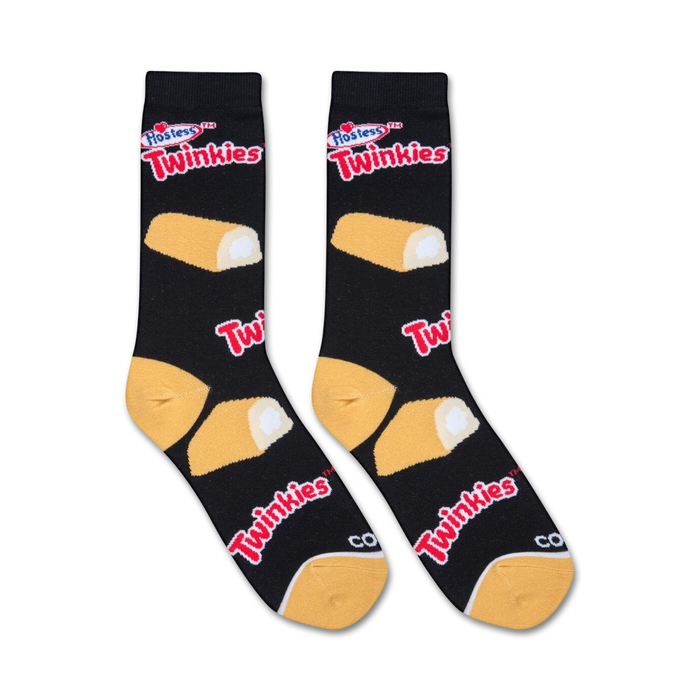 A black sock with a Hostess Twinkie pattern. The pattern features a yellow Twinkie on the lower left side of the sock and a red and white Hostess Twinkies logo on the upper right.