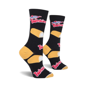 A black sock with a Hostess Twinkie pattern. The pattern features a yellow Twinkie on the lower left side of the sock and a red and white Hostess Twinkies logo on the upper right.