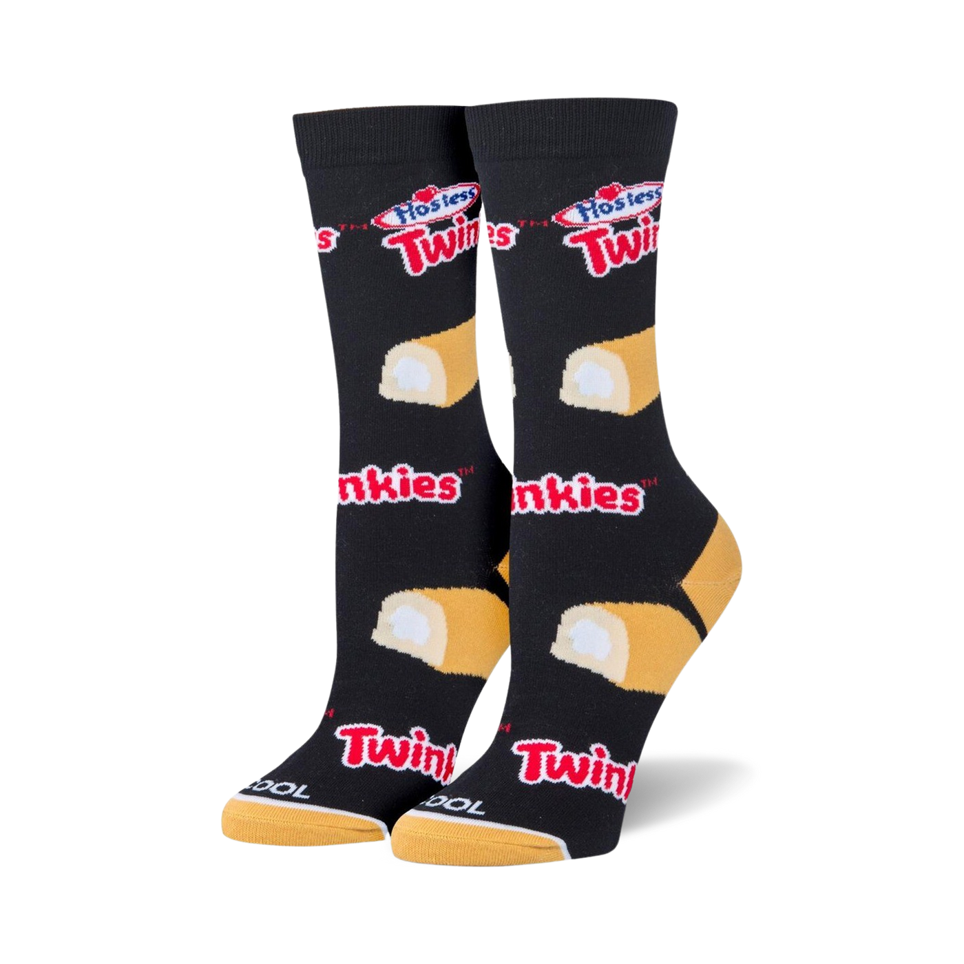 Pair of black crew socks with yellow and white Twinkies and Hostess Twinkies logos.