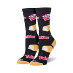 Pair of black crew socks with yellow and white Twinkies and Hostess Twinkies logos.
