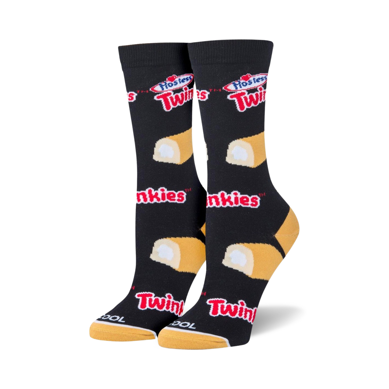 Pair of black crew socks with yellow and white Twinkies and Hostess Twinkies logos.