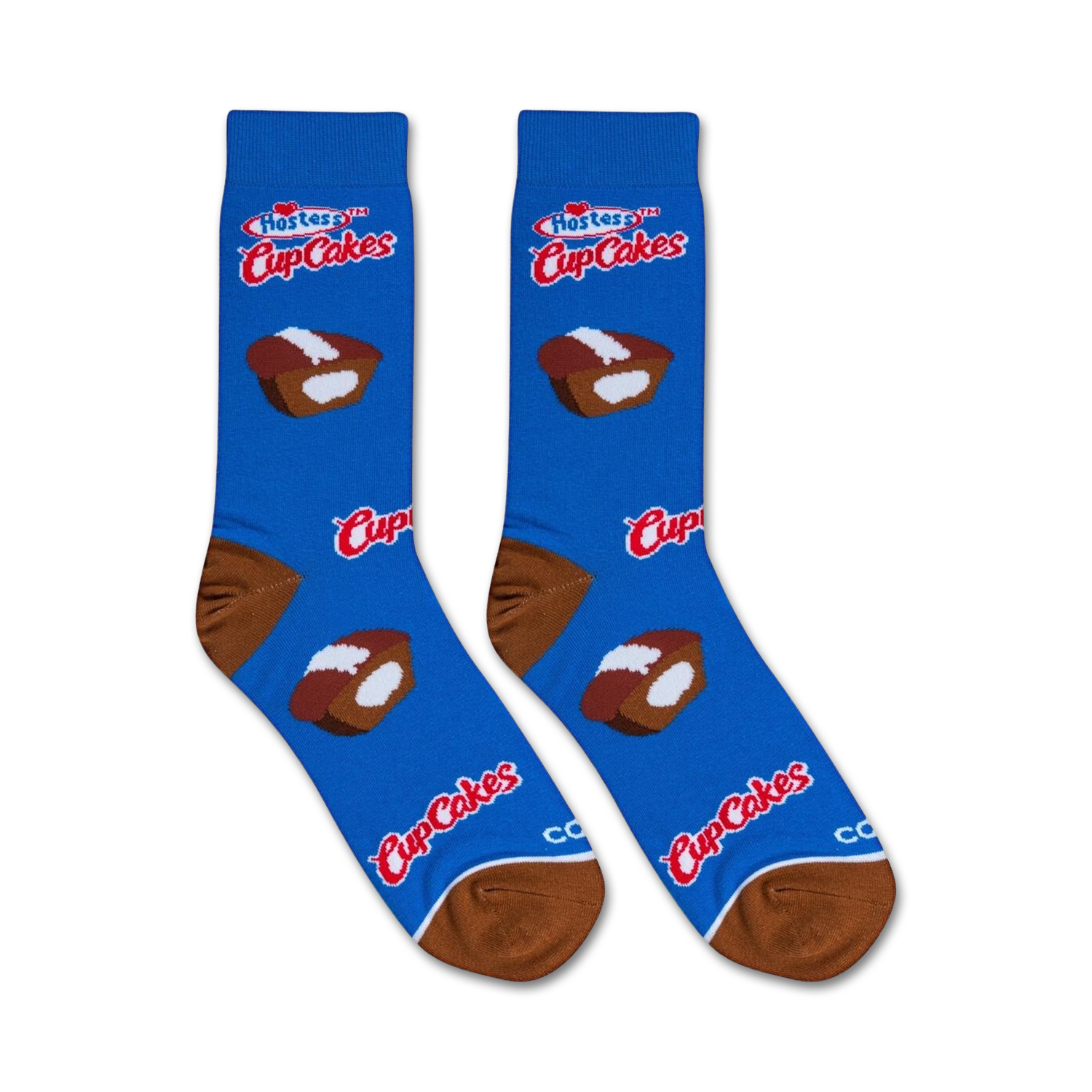 Lifestyle shot showing the Hostess Cupcakes socks on a person's feet.