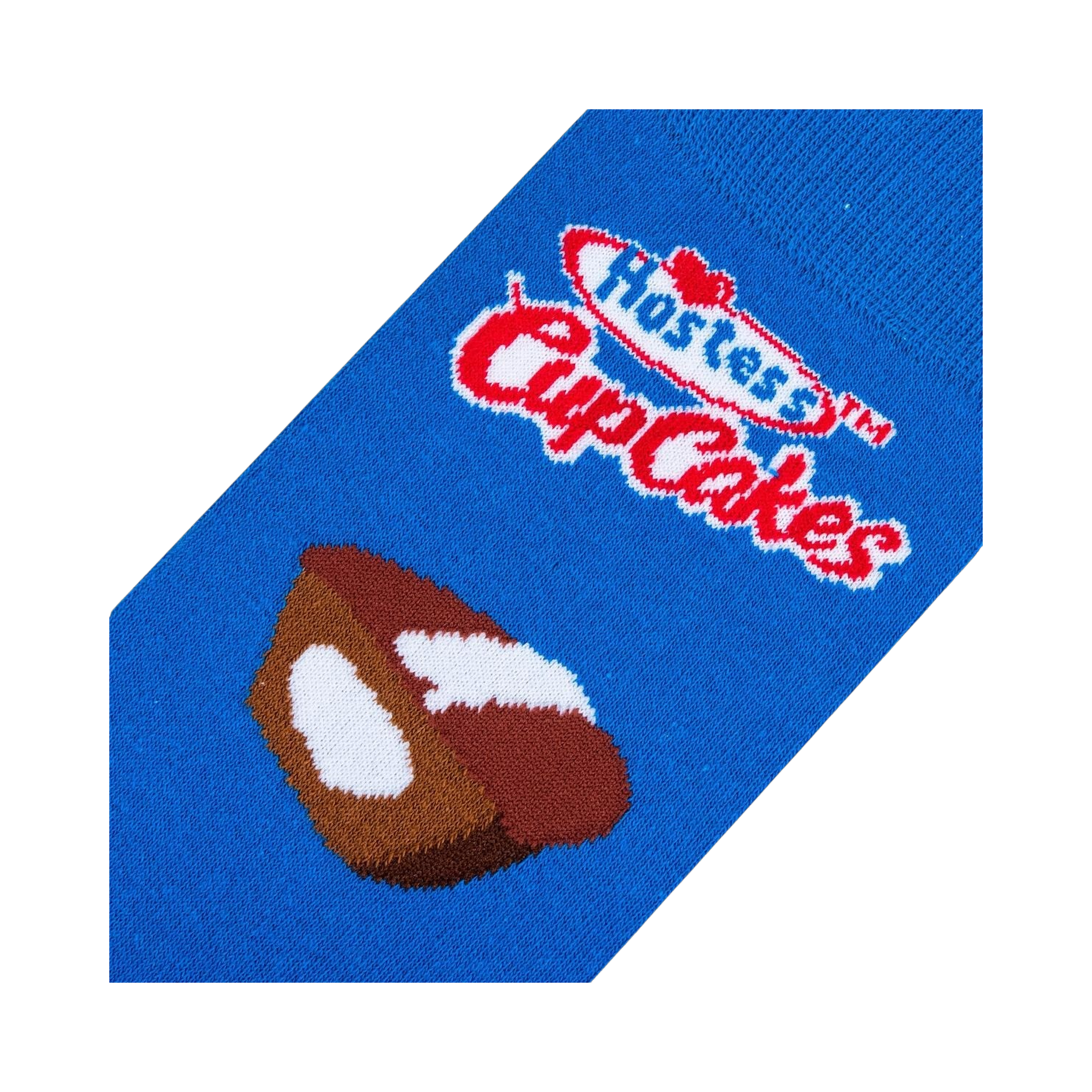Close-up detail shot of the Hostess Cupcakes sock's design, highlighting the knitting and colors.