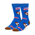 Pair of blue crew socks with Hostess Cupcakes logo and cupcake images. Brown and white cupcake details on a bright blue background.