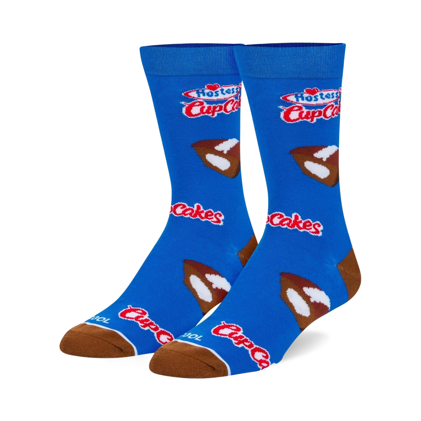 Pair of blue crew socks with Hostess Cupcakes logo and cupcake images. Brown and white cupcake details on a bright blue background.