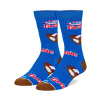Pair of blue crew socks with Hostess Cupcakes logo and cupcake images. Brown and white cupcake details on a bright blue background.