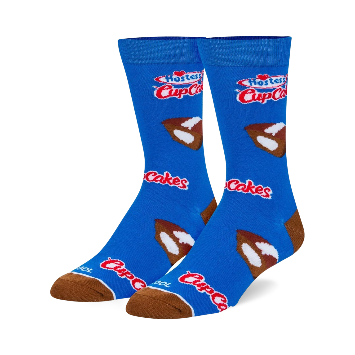Pair of blue crew socks with Hostess Cupcakes logo and cupcake images. Brown and white cupcake details on a bright blue background.