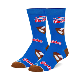 blue crew socks with pattern of hostess cupcakes in white, brown, red, and yellow.  