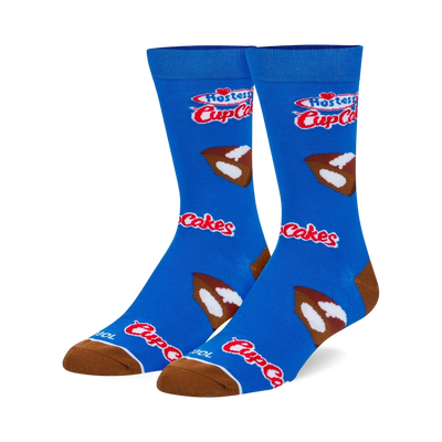 blue crew socks with pattern of hostess cupcakes in white, brown, red, and yellow.  