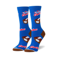 Pair of blue crew socks with Hostess Cupcakes design. Features brown and white cupcake illustrations and Hostess logo.
