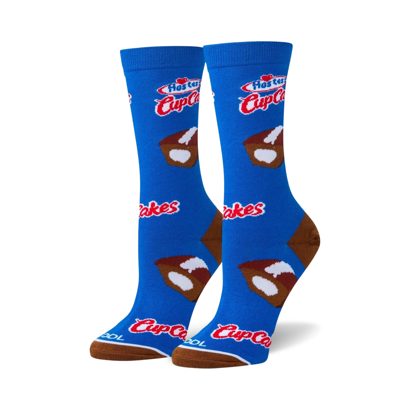 Pair of blue crew socks with Hostess Cupcakes design. Features brown and white cupcake illustrations and Hostess logo.