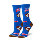 Pair of blue crew socks with Hostess Cupcakes design. Features brown and white cupcake illustrations and Hostess logo.